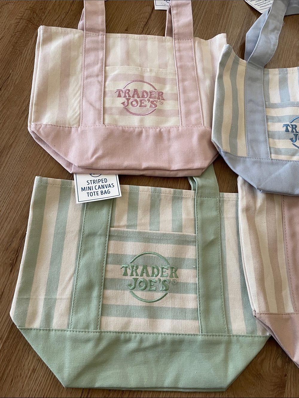 4 Trader Joe’s Pastel mini Stripe Canvas Tote — Pink, Blue, Green, Beige NWT - Picture 4 of 5